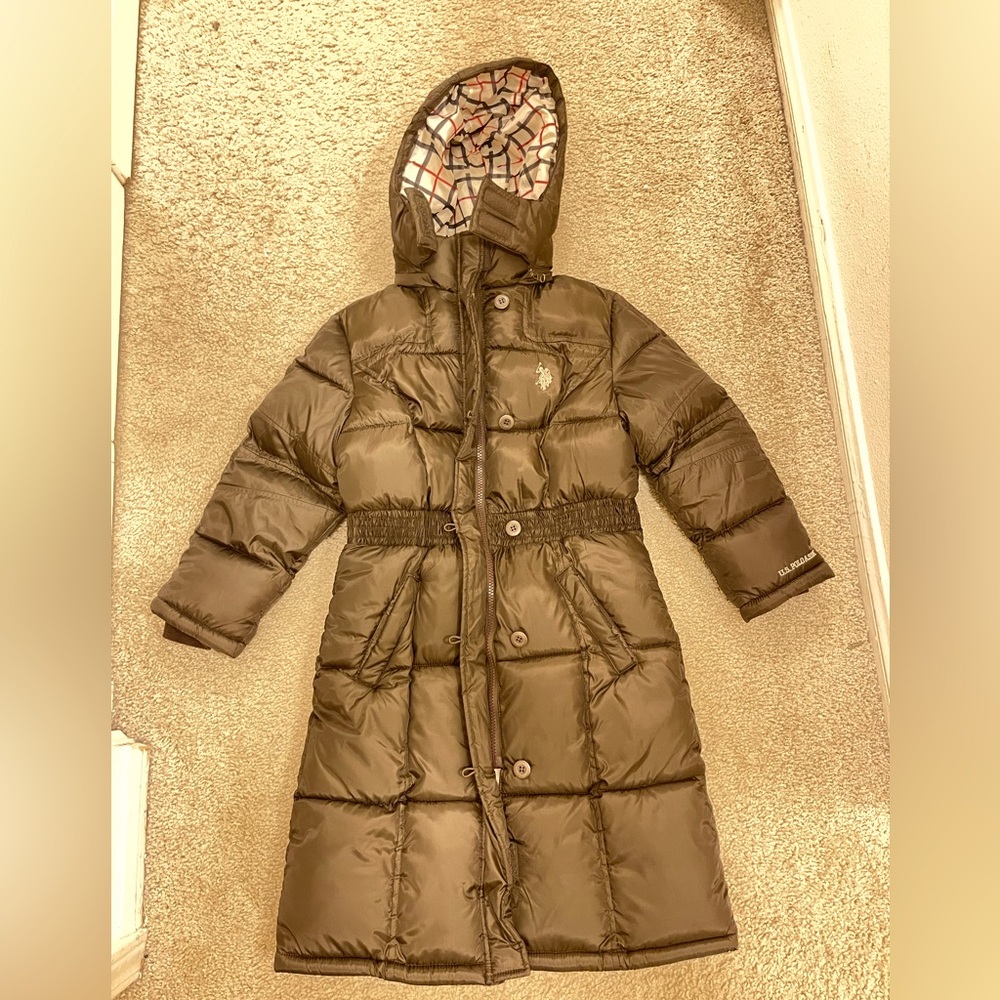 NWOT U.S. Polo Assn Girls Long Brown Puffer Coat with Removable Hoodie Size 7/8